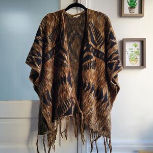 Aztec print shawl open front cardigan Small Medium Brown Black